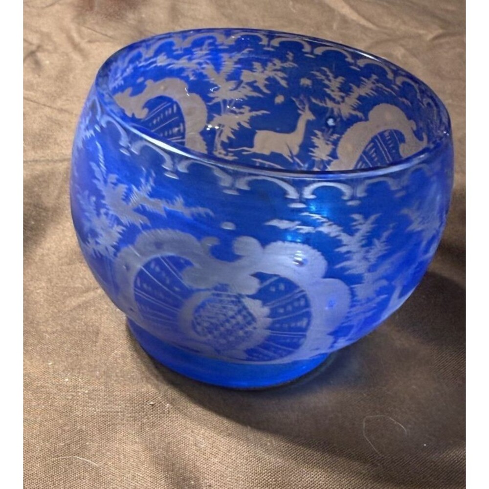 Cobalt Blue Glass Votive Candle Holder Dragon Scene Gothic Fantasy Decor